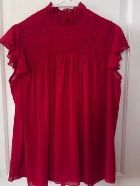Zara Red Ruffle-Sleeve Smocked Yoke Blouse